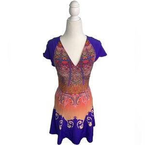 Etro V-neck Silk Blue Cap Sleeve Abstract Fit & Flare Mini Dress sz 38